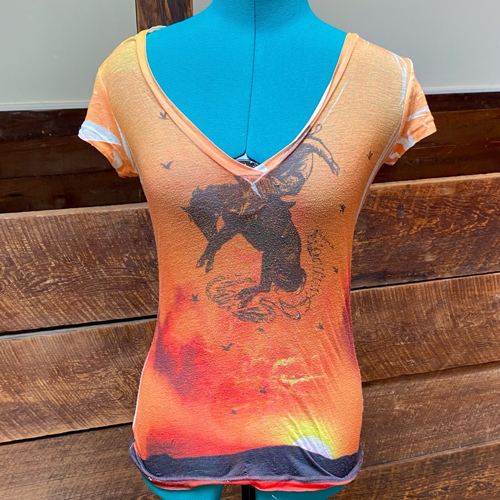 UO Vintage Sunset Rodeo Semi-Sheer V-Neck  Babydoll T-Shirt